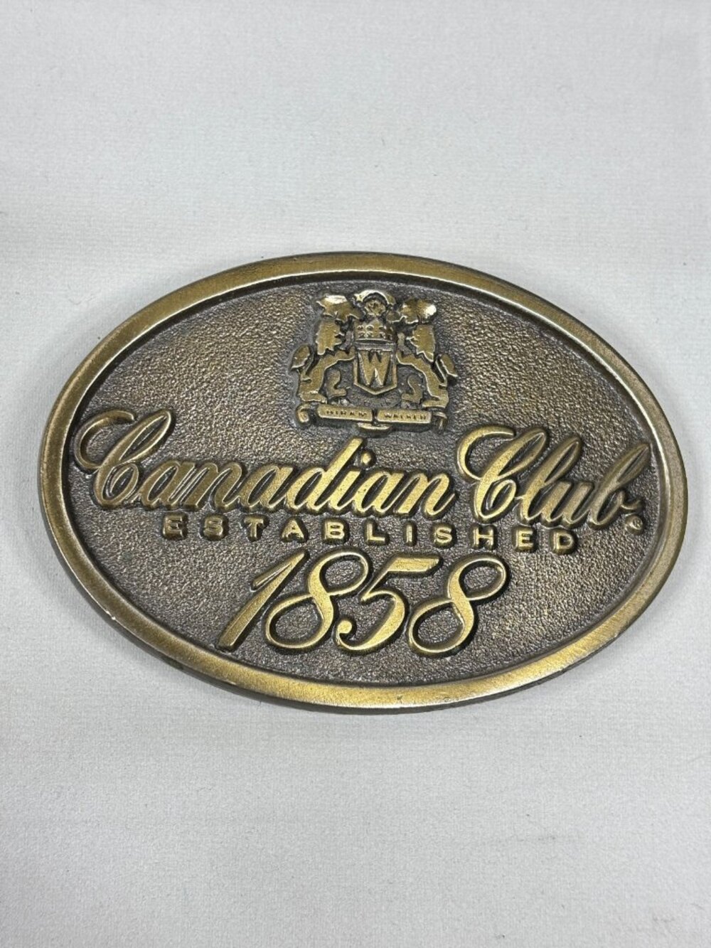 VTG 70s Canadian Club Whisky Belt Buckle Established 1858 Brass Made in USA Rare